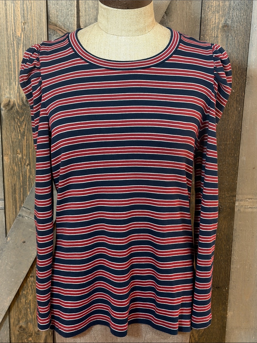 Veronica Beard Striped Navy Red Puff Sleeve Pima
Cotton Top Size Large Preppy